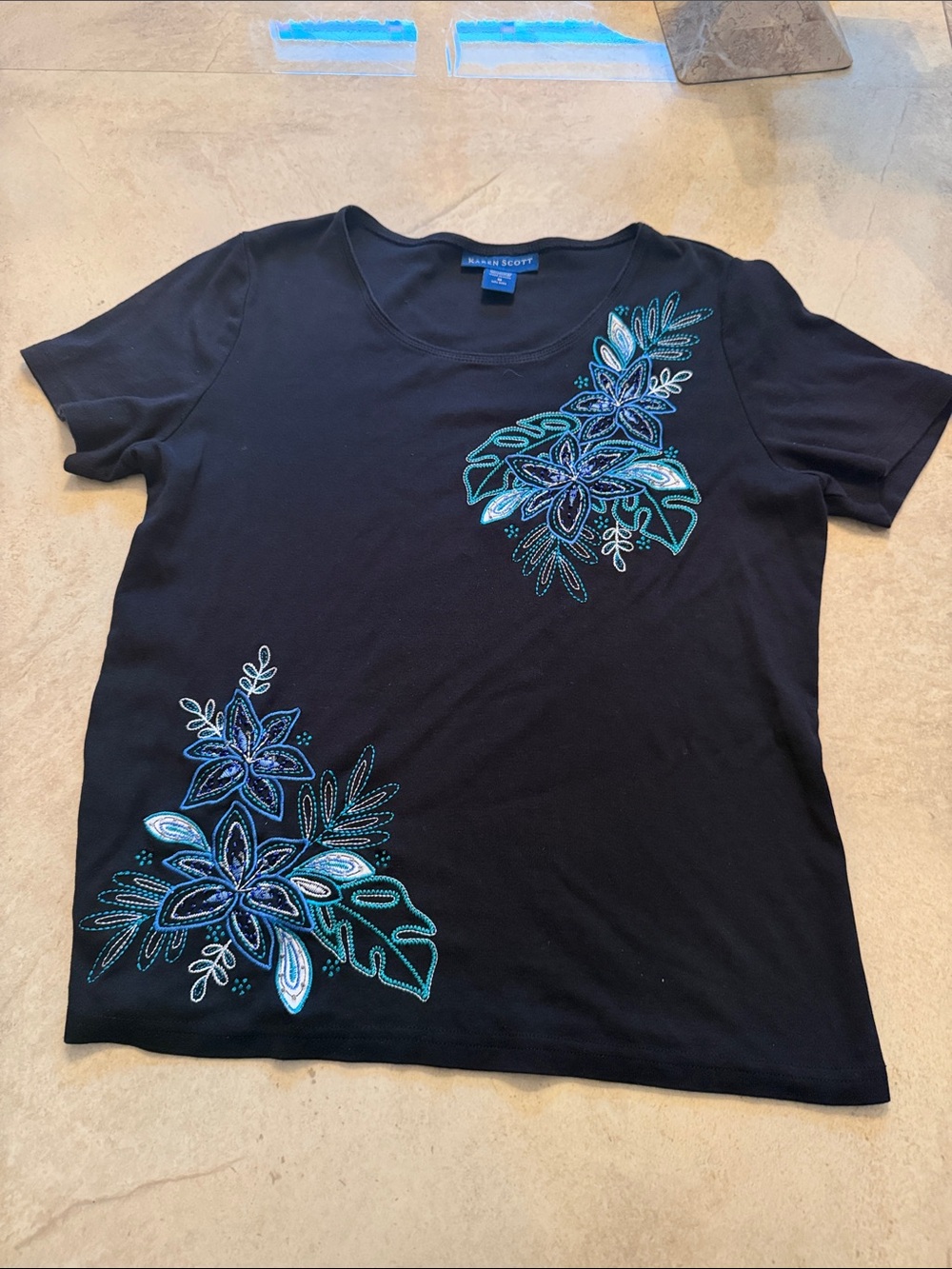 Karen Scott Black Short-Sleeve Tee with Blue Floral Embroidery